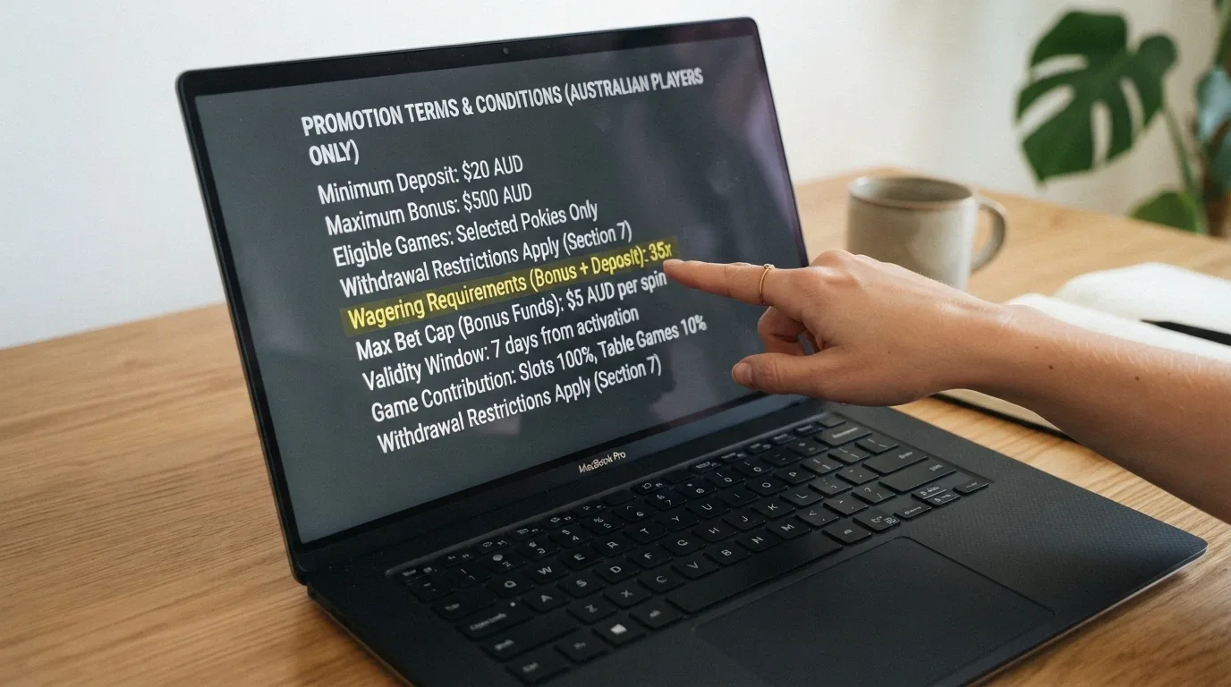 A close-up of casino bonus terms and conditions on a screen, with a finger pointing at the wagering requirement line, the text slightly blurred to suggest complexity