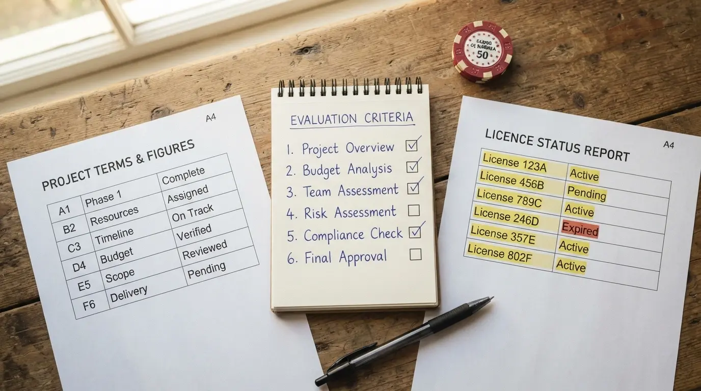 A desk with evaluation materials laid out — operator terms documents, an ACMA register printout, bonus terms sheets and a criteria checklist