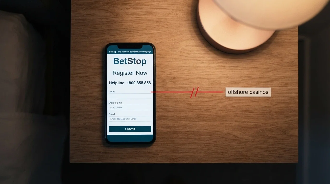 A smartphone screen showing the BetStop registration page and the National Gambling Helpline number, with a red disconnected link labelled offshore casinos