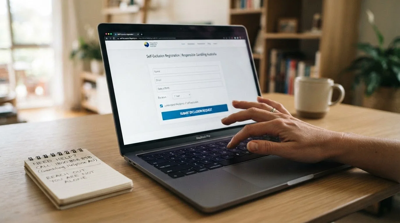 A person's hand hovering over a keyboard showing a self-exclusion registration screen, with a helpline number visible on a notepad beside it