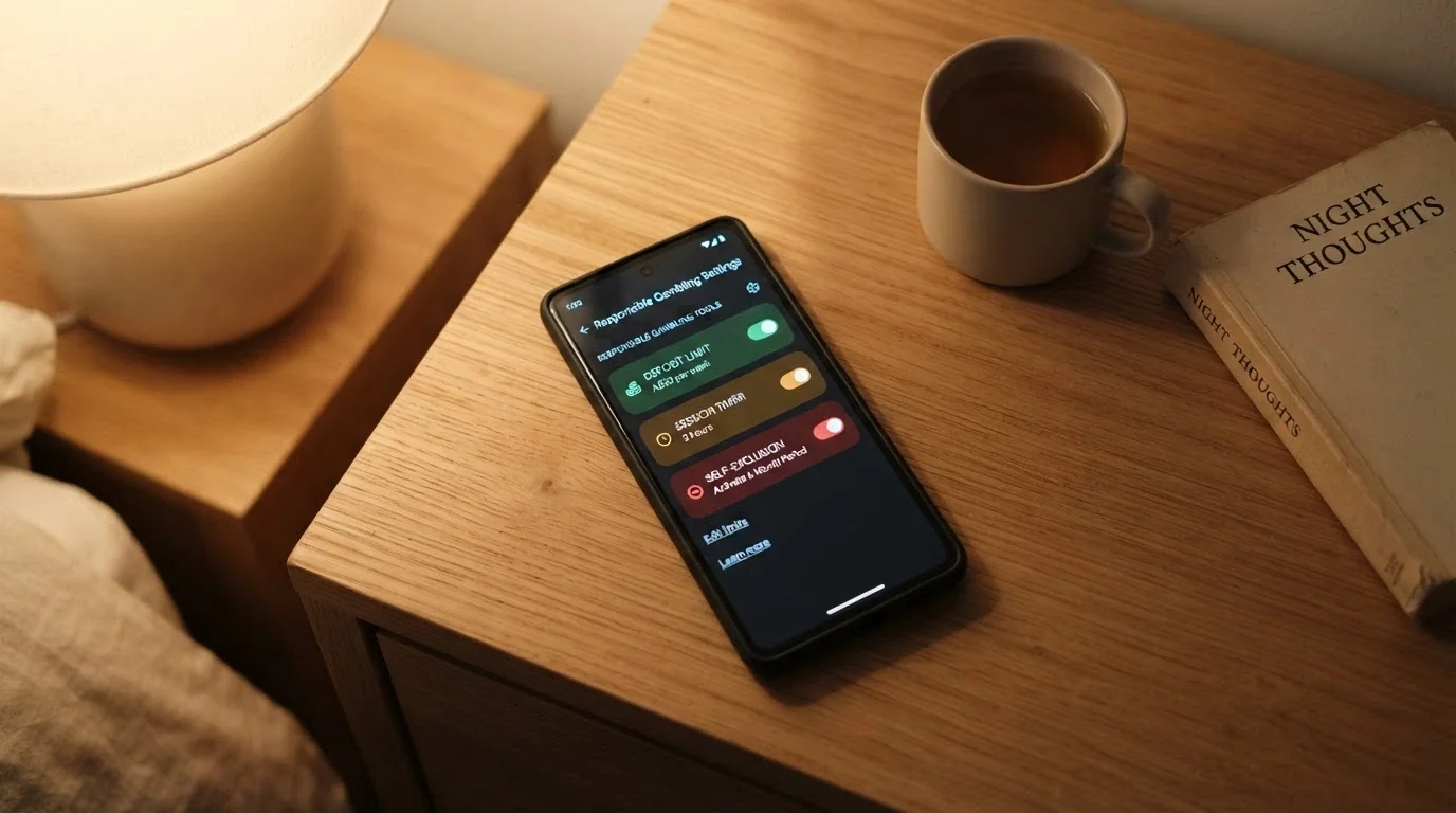 A responsible-gambling settings screen showing deposit-limit, session-timer and self-exclusion toggles with Australian dollar figures