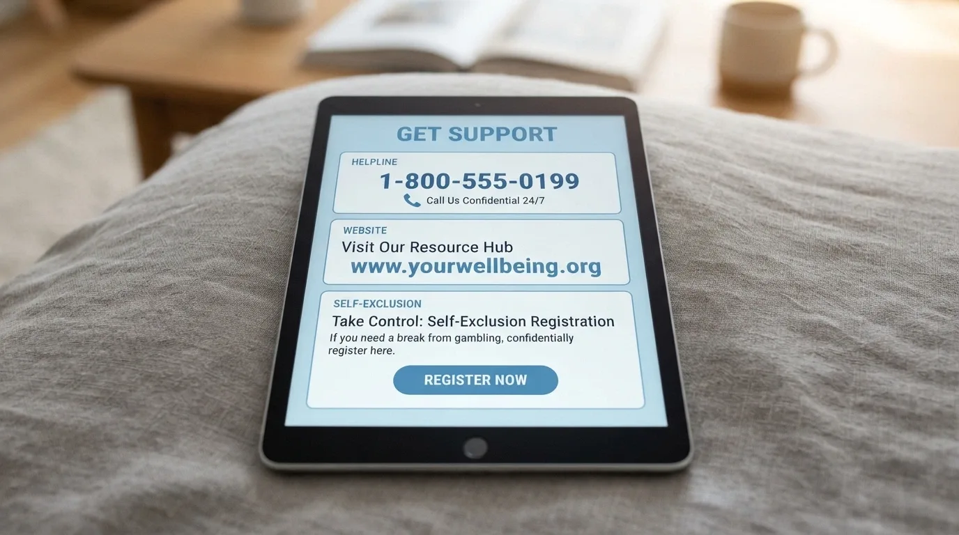 A help-resource card layout showing the 1800 858 858 helpline number the Gambling Help Online URL and BetStop registration screen