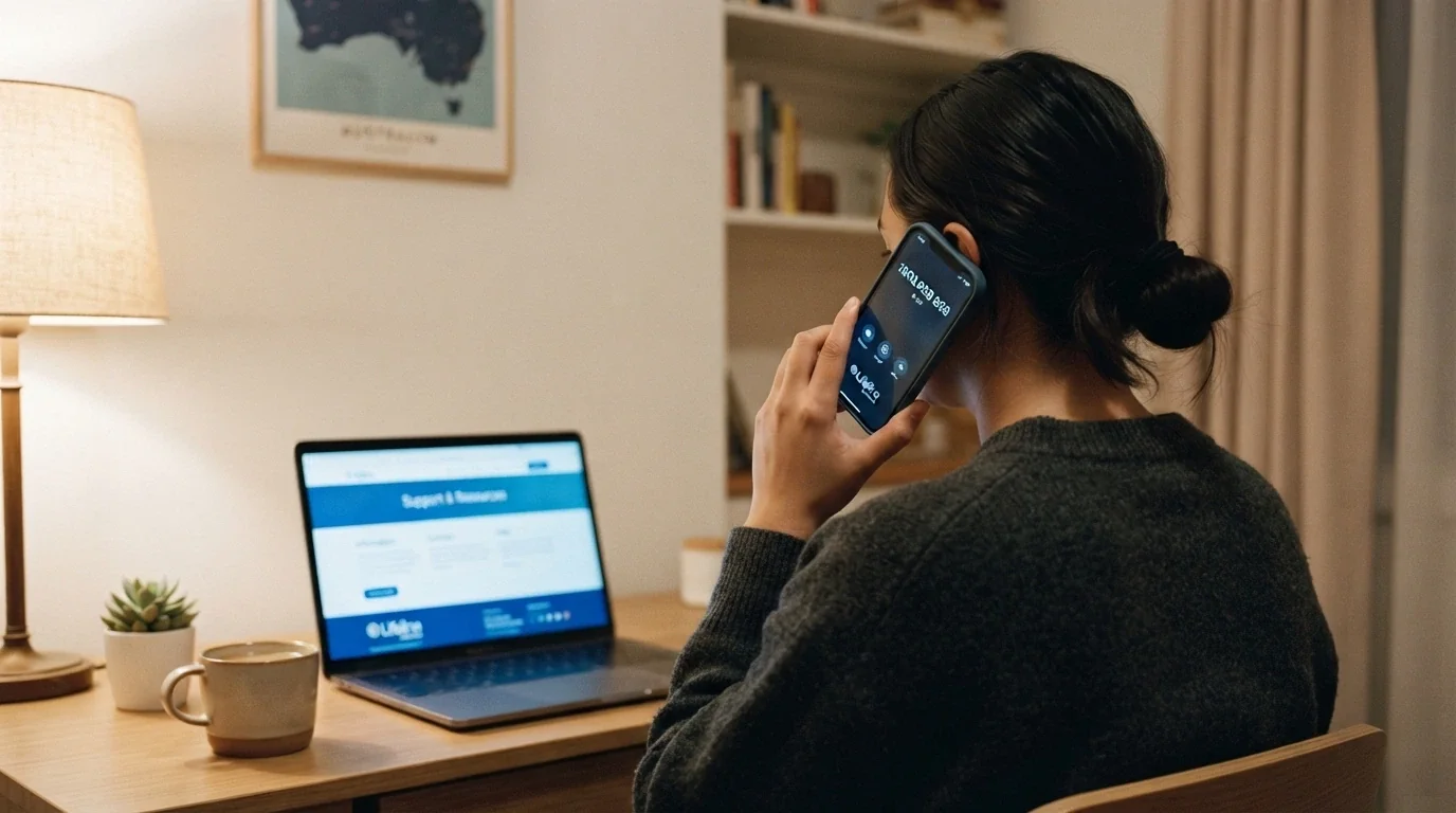A person speaking on a phone with 1800 858 858 visible on the screen beside a Gambling Help Online webpage