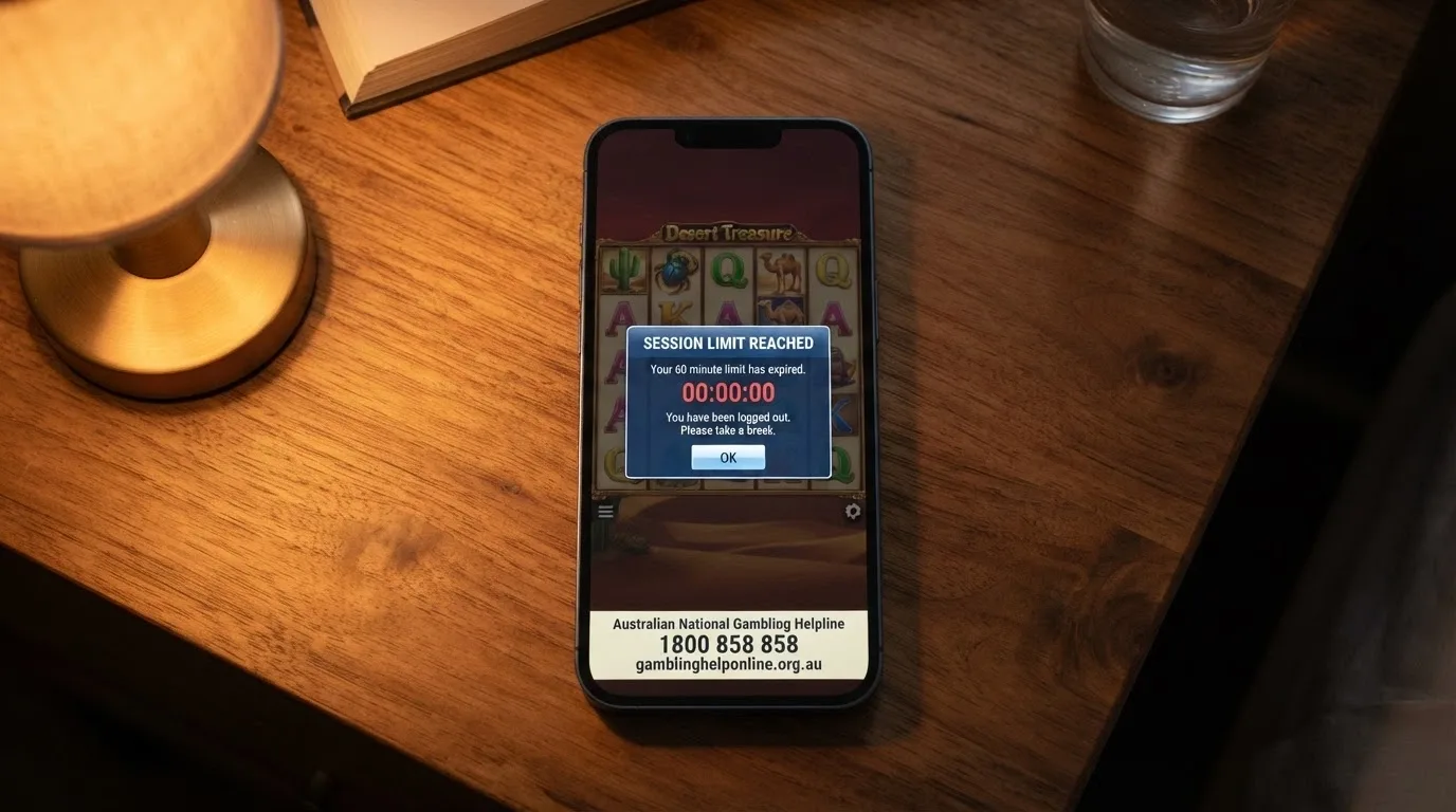 A smartphone screen displaying a self-imposed session-limit pop-up over a paused pokies game, with the National Gambling Helpline number 1800 858 858 and the Gambling Help Online URL visible at the bottom of the screen