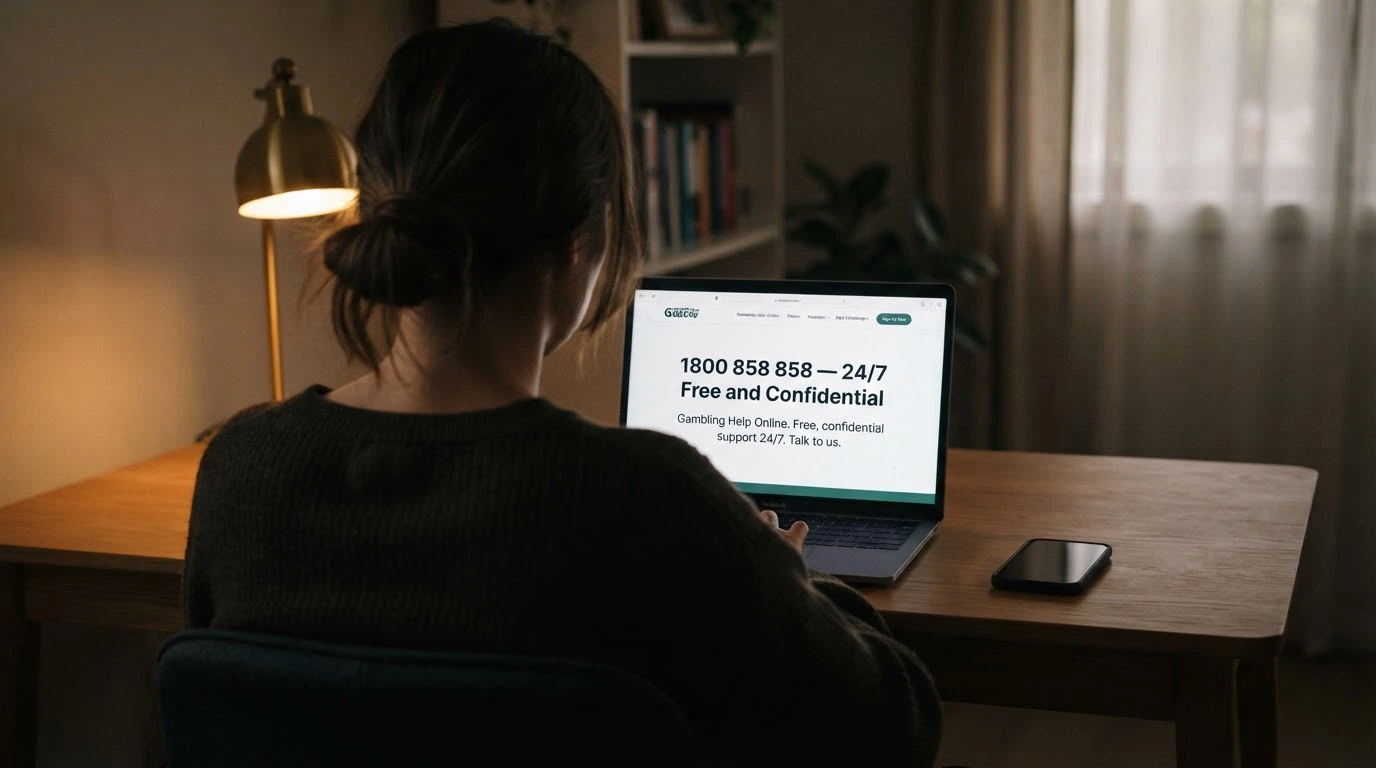 A concerned person sitting at a desk with a laptop open to a gambling help site, phone beside them — the screen shows “1800 858 858 — 24/7 Free and Confidential”