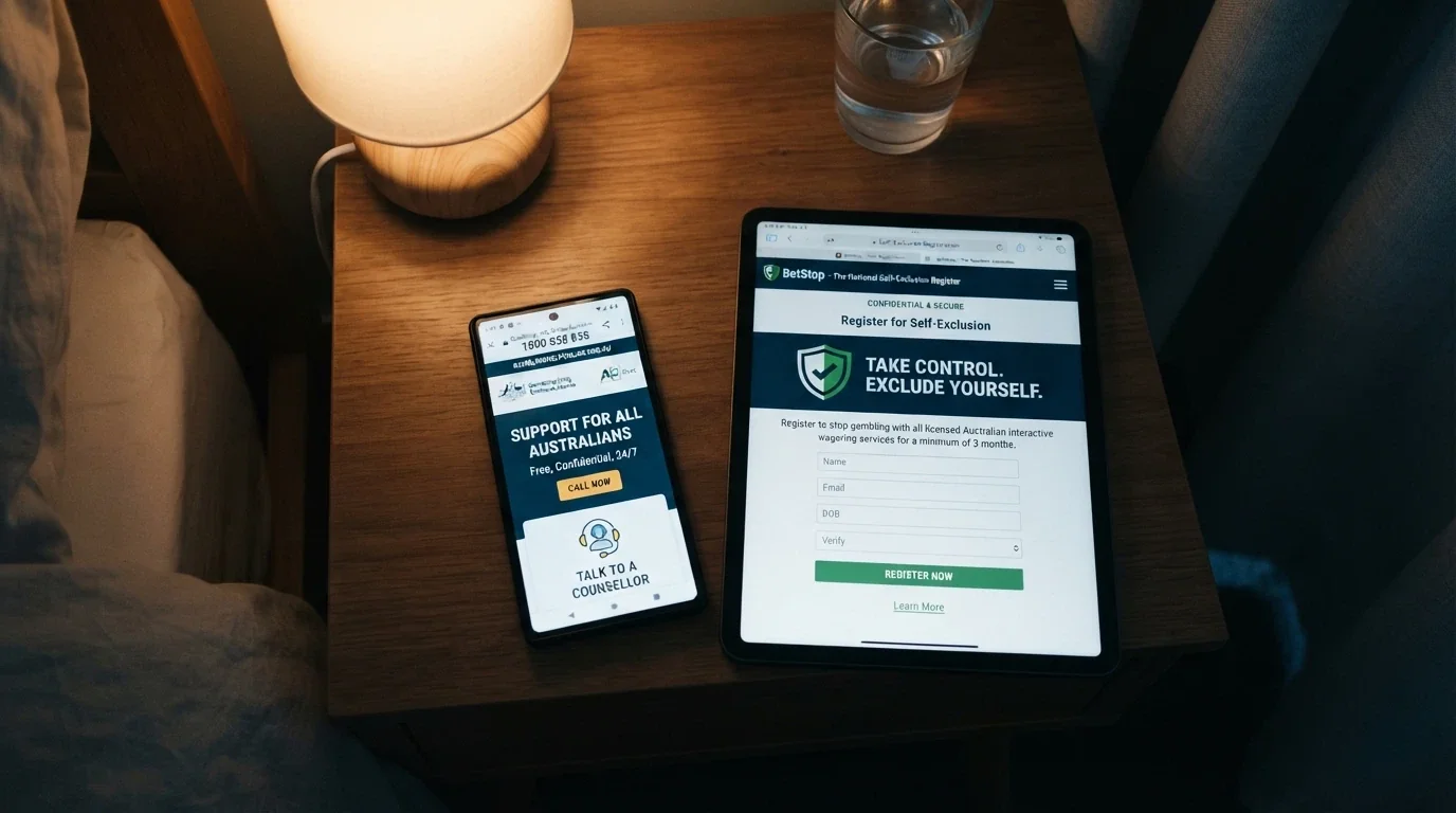 A smartphone screen showing the Gambling Help Online homepage beside a phone dialler with 1800 858 858 entered, with the BetStop logo visible
