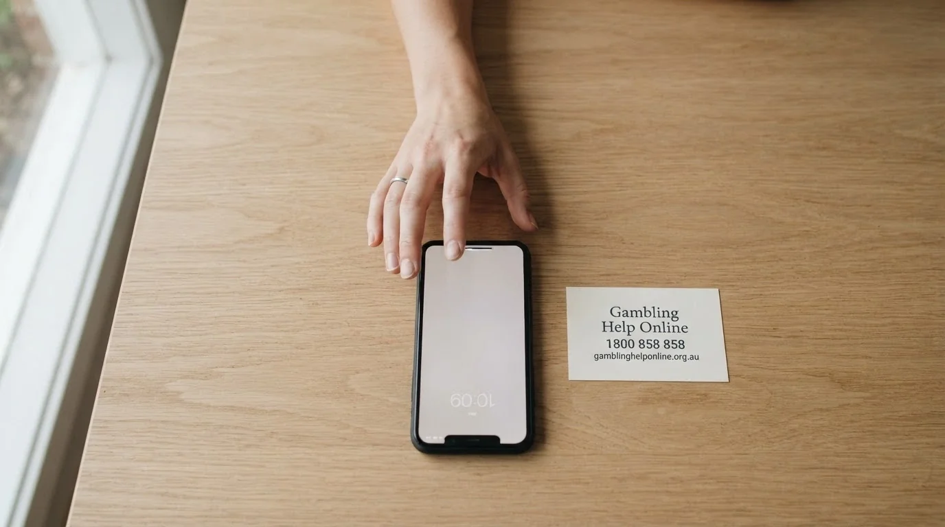 A hand reaching for a smartphone on a table, paused mid-reach, with a Gambling Help Online card and the 1800 858 858 number visible beside the phone
