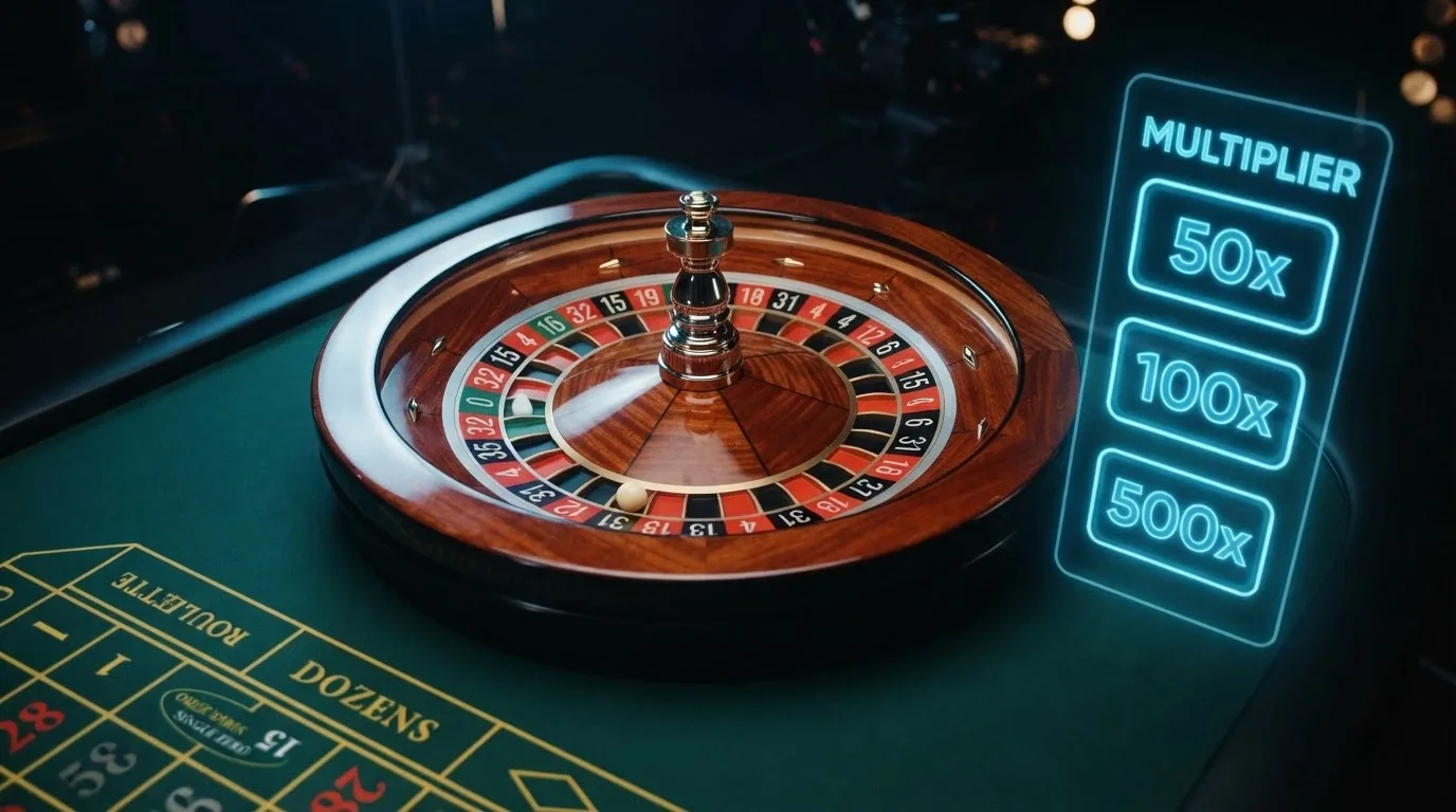 A single-zero roulette wheel in a studio, with on-screen graphics showing Lightning Number multipliers