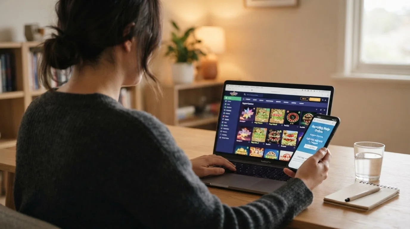 A person sitting at a desk with a laptop open to a casino site, one hand resting on the keyboard, the other holding a phone showing the Gambling Help Online homepage