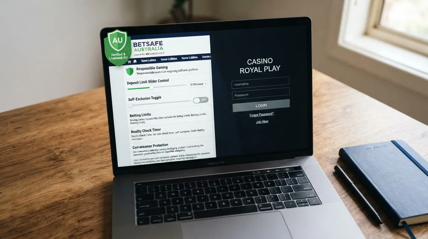 A split-frame image — on one side an Australian-licensed wagering interface with consumer-protection markers, on the other a generic offshore casino login screen with no regulatory badges