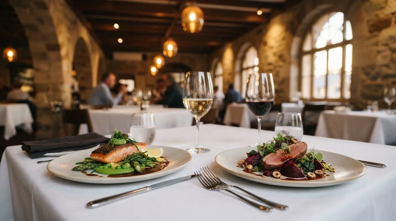 A dining setting inside one of the casino's eight restaurants showing plated dishes with the heritage interior in soft focus behind