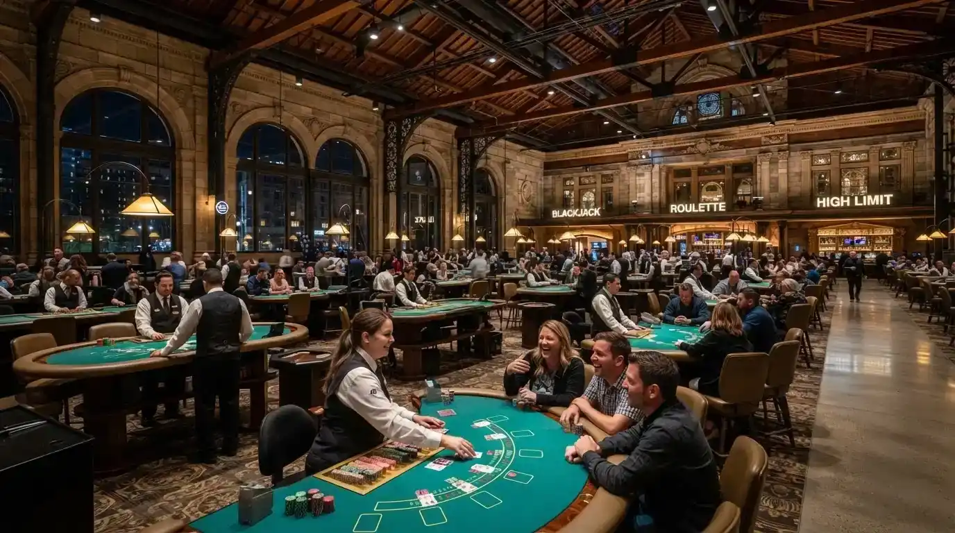 A view across the casino's main gaming floor with traditional table games — Blackjack and Roulette tables with dealers — spread across the heritage space