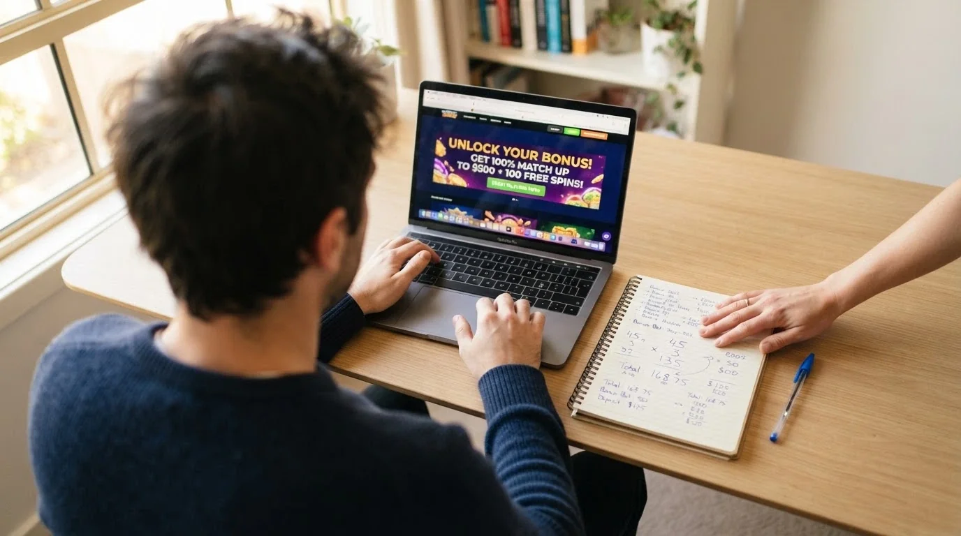 A person at a desk looking at a laptop showing a casino promo offer, with a notepad beside them showing a simple calculation and a thoughtful rather than impulsive expression