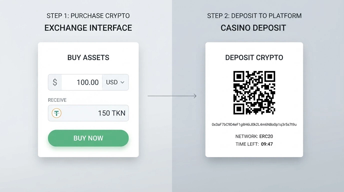 A diagram-style split screen: left side shows an exchange buy-SOL screen with AUD, right side shows a casino deposit page with a QR code and a Solana wallet address.