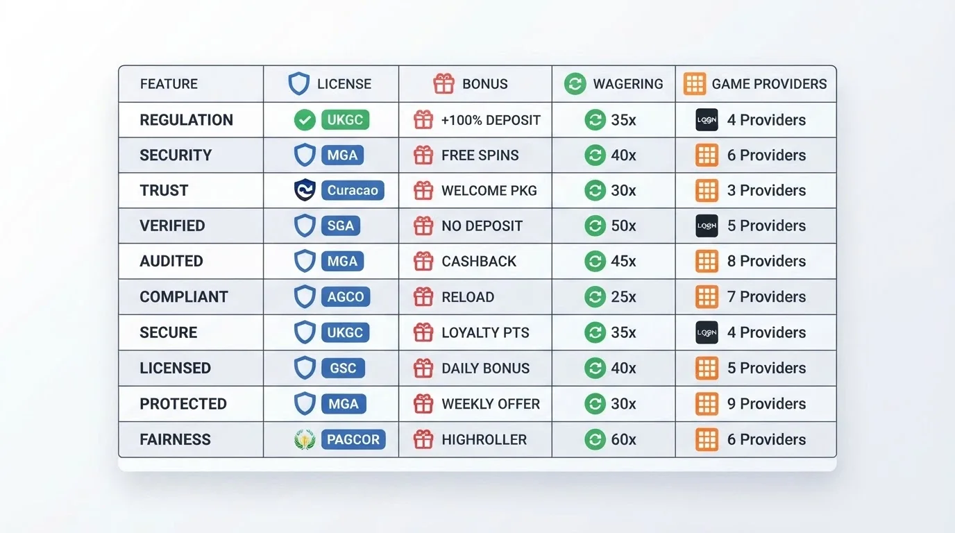 A simplified visual of a comparison table with operator names in the left column and SOL support, licence, bonus and wagering as column headers, with checkmarks and data cells filled.