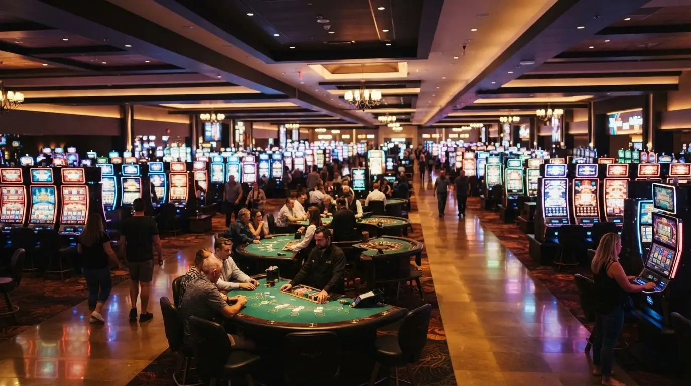 Rows of gaming machines and table games across the main casino floor at The Star Brisbane