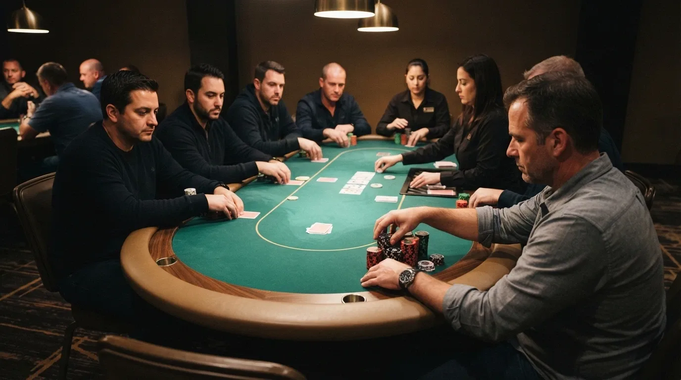 Poker tables inside The Star Brisbane with players at an 8-handed cash game