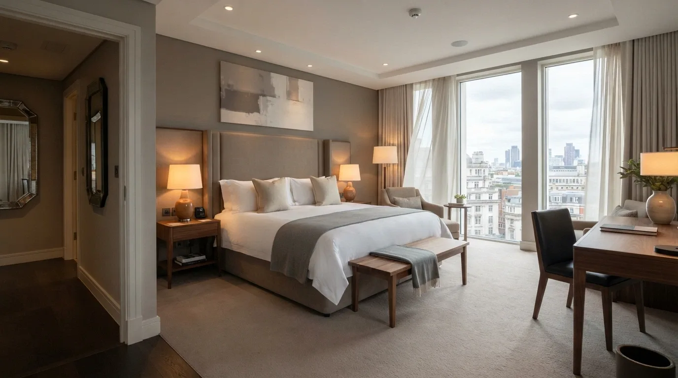 Five-star hotel room at The Star Grand Brisbane with floor-to-ceiling windows and city view