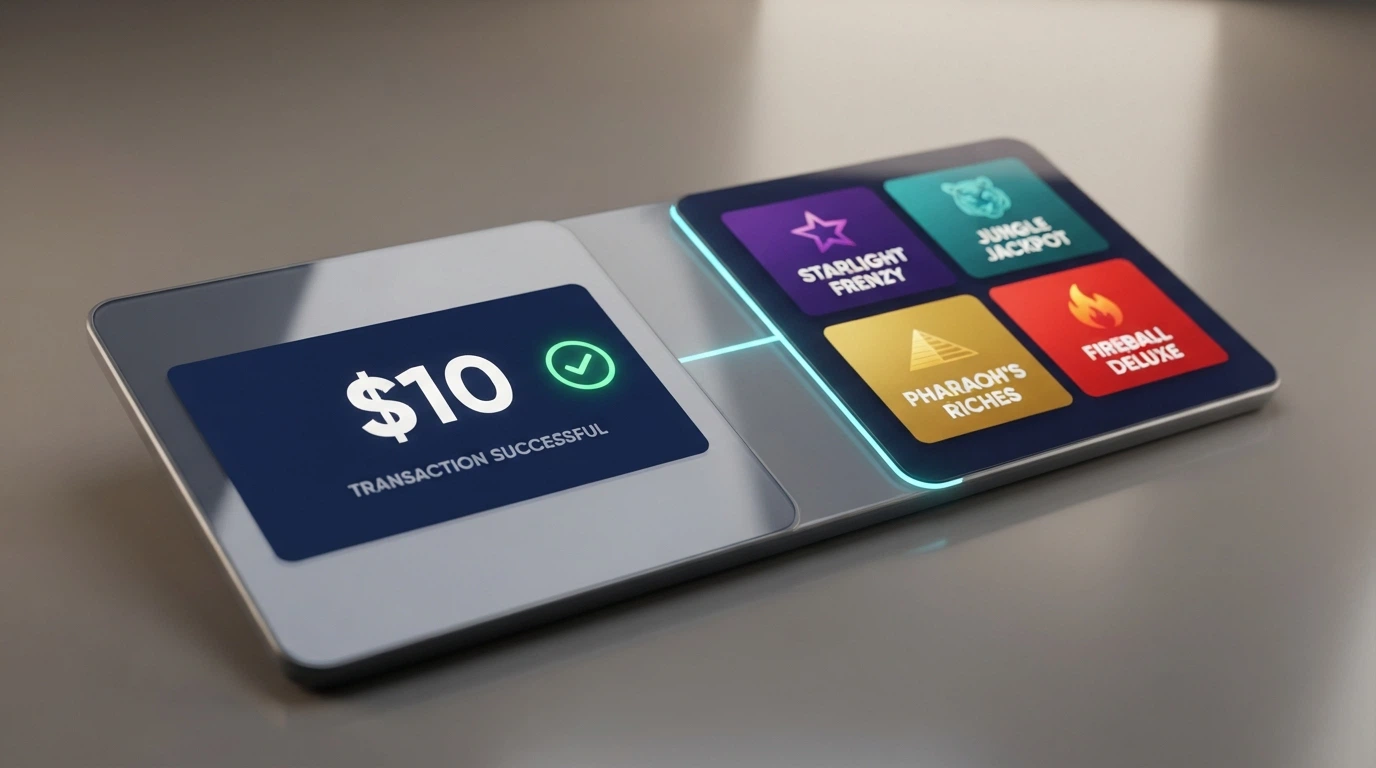 A casino cashier screen showing a $10 deposit confirmation on one side and a pokies game lobby with thumbnails on the other