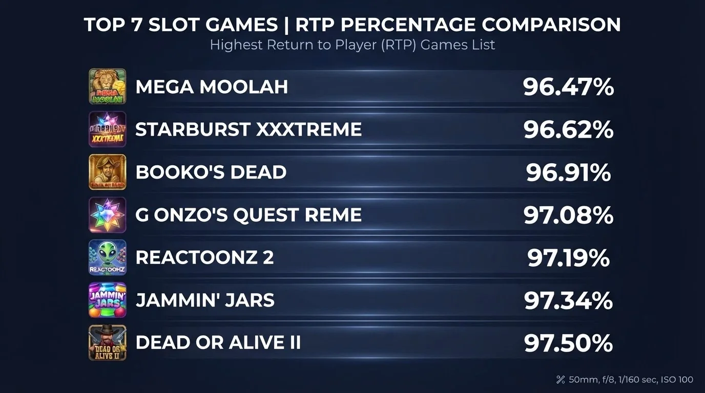 A visual comparison of the top 7-reel pokie titles with their RTP percentages displayed