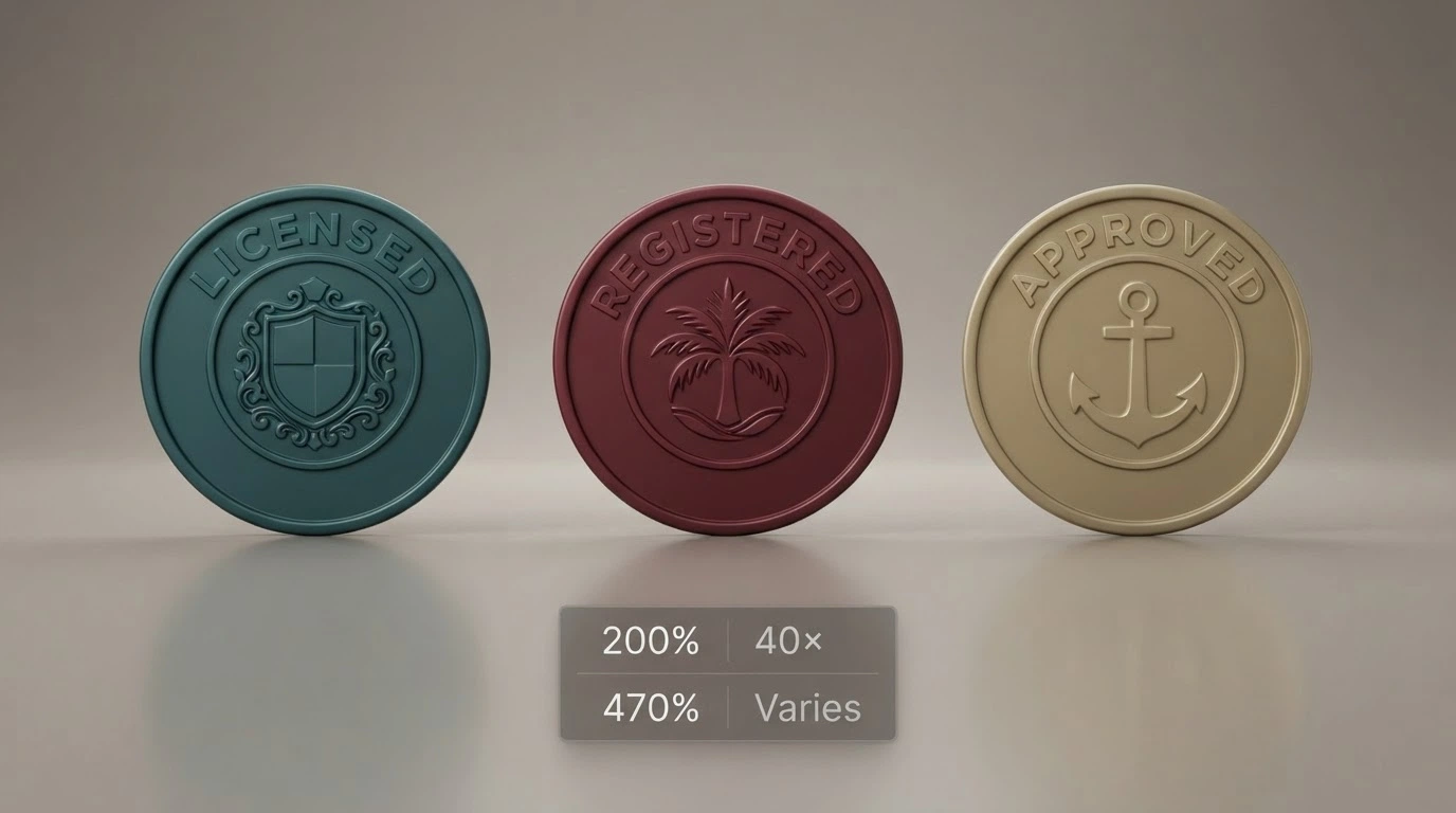 A side-by-side grid view of casino licence badges and welcome-bonus summaries with Curaçao and Tobique emblems visible