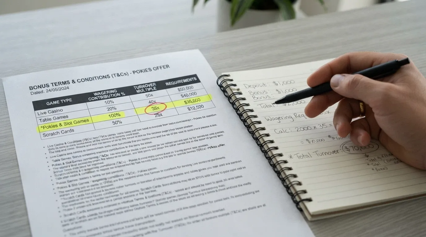 A close-up of a wagering-requirement table on a casino terms page, with the turnover-multiple figure highlighted and a calculator beside it