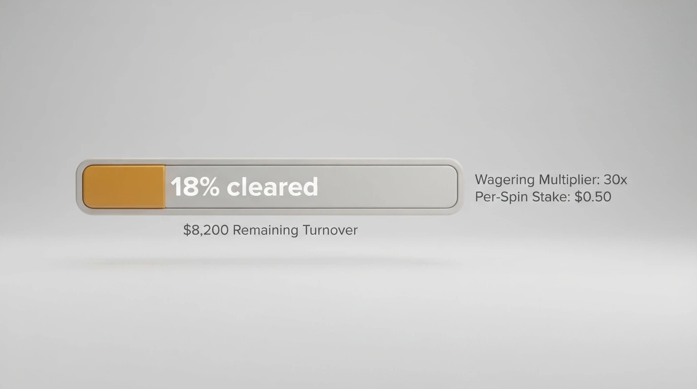 A progress bar showing 18% of a wagering requirement completed, with the remaining turnover displayed as a dollar figure