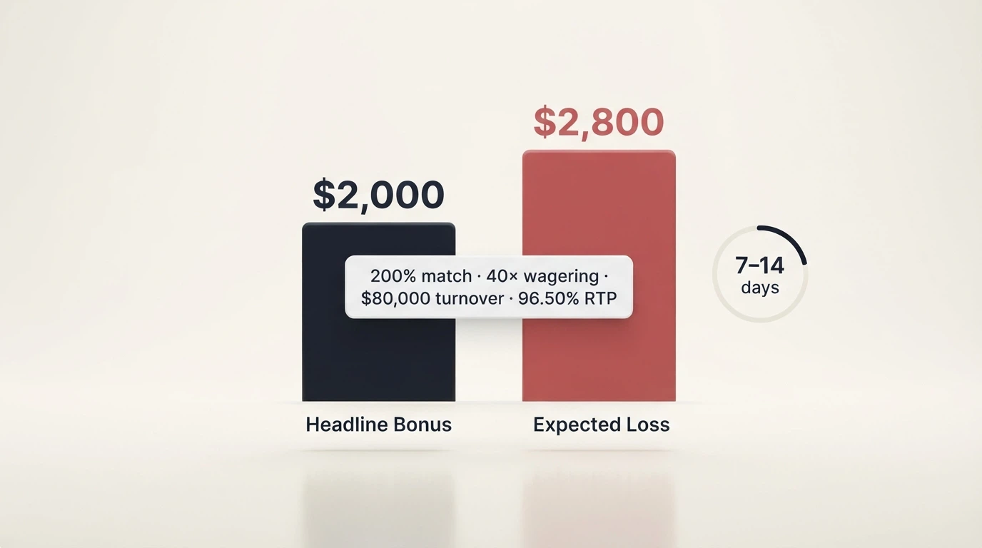 A bonus terms panel showing a deposit-match percentage beside a wagering multiplier and a countdown validity clock