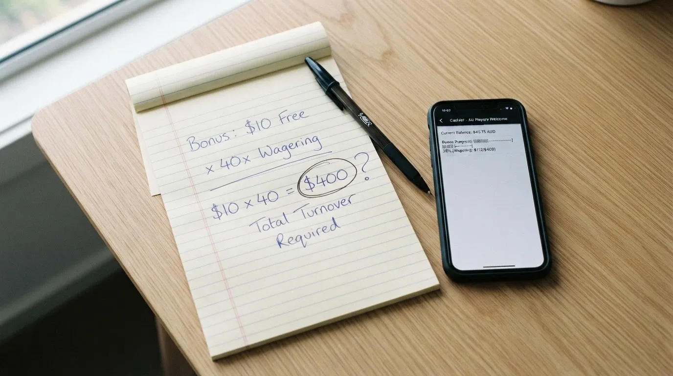 A close-up of a notepad beside a smartphone showing a casino cashier screen; the notepad has handwritten maths — “$10 bonus × 40× wagering = $400 turnover” — with a circle around the final figure and a question mark