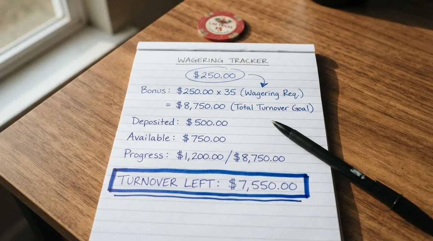 A calculator beside a handwritten notepad showing wagering maths — a bonus amount multiplied by the wagering multiple equals a five-figure turnover figure