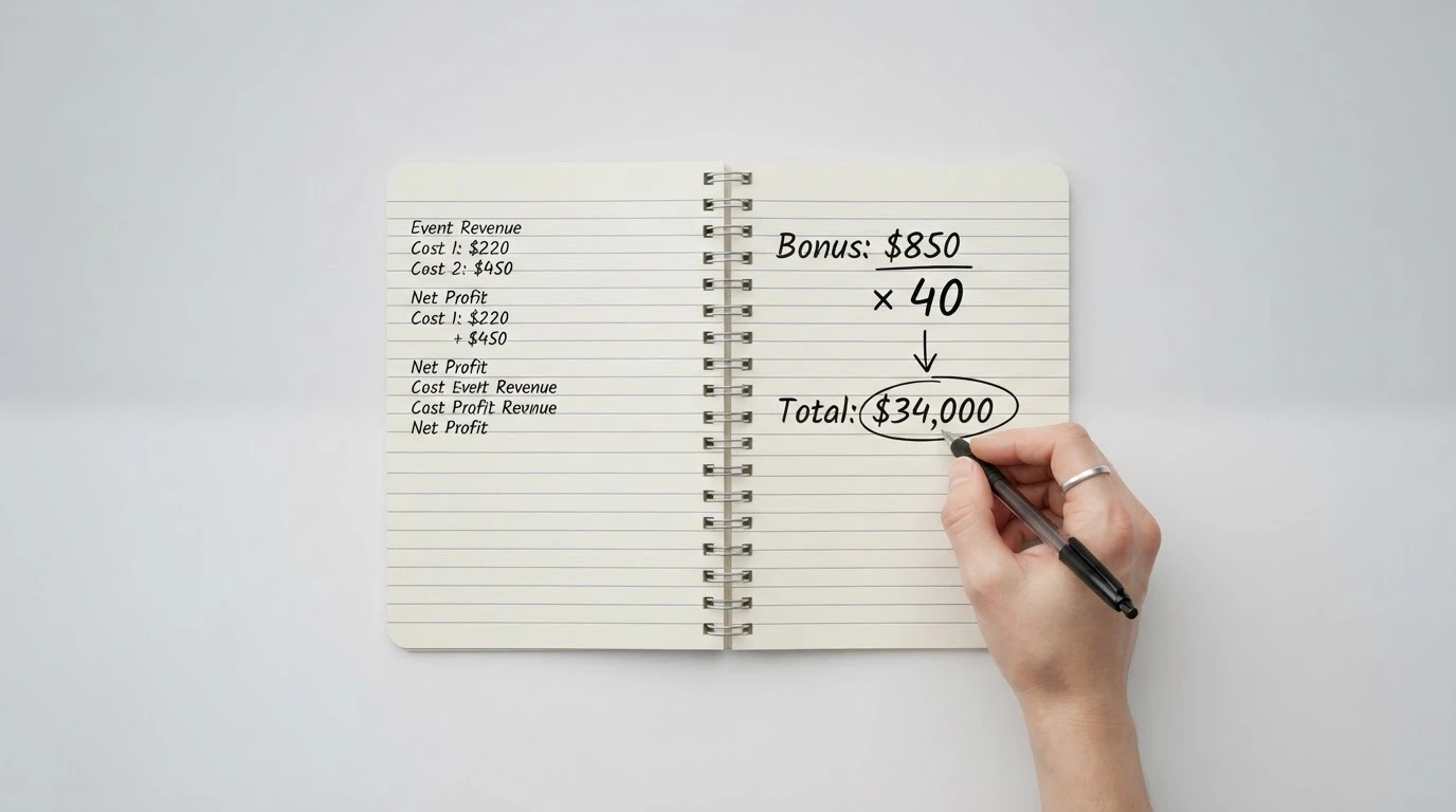 A notepad beside a calculator showing a bonus amount being multiplied by a wagering figure to arrive at a total turnover target