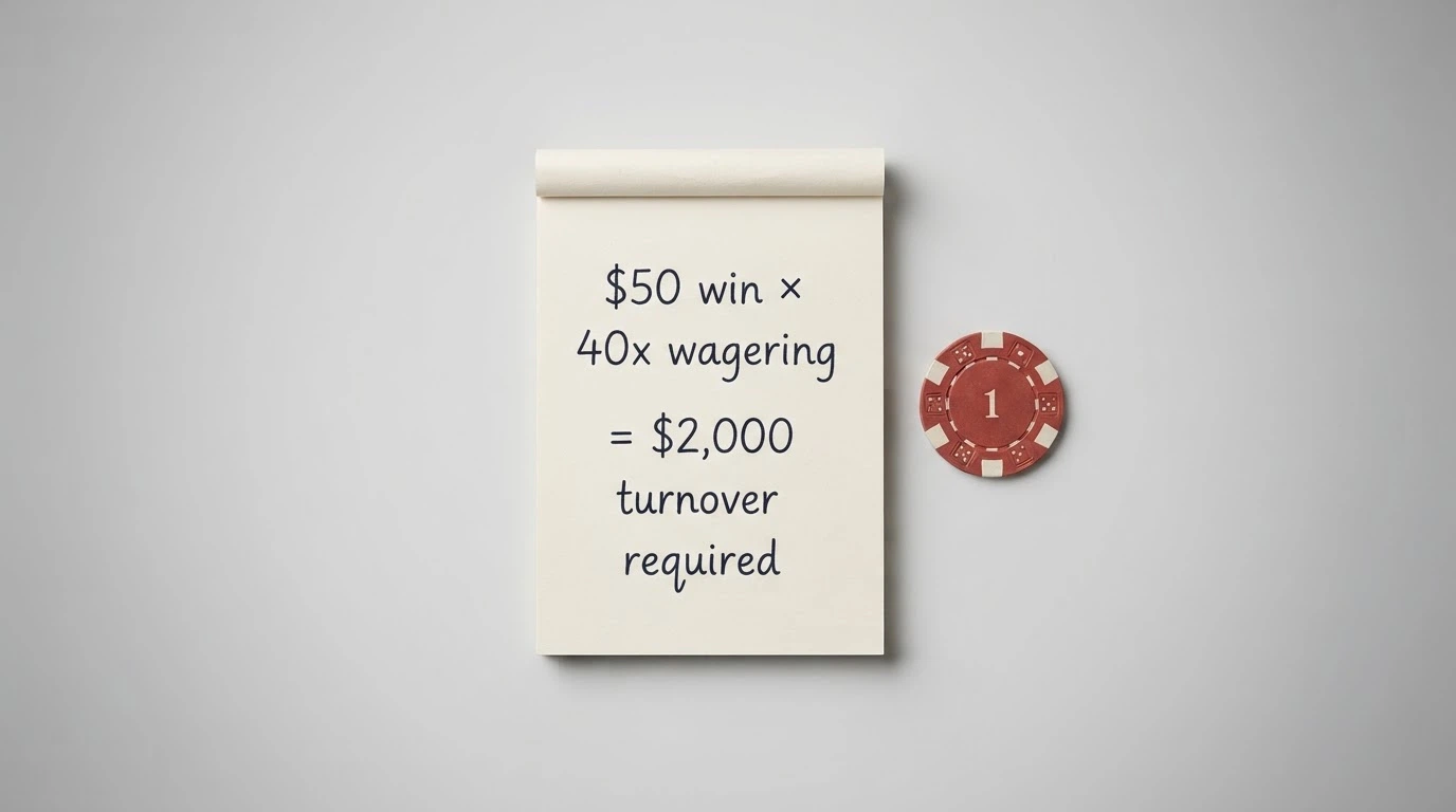 A stylised calculator next to a notepad showing the maths: “$50 win × 40x wagering = $2,000 turnover required” with a casino chips background