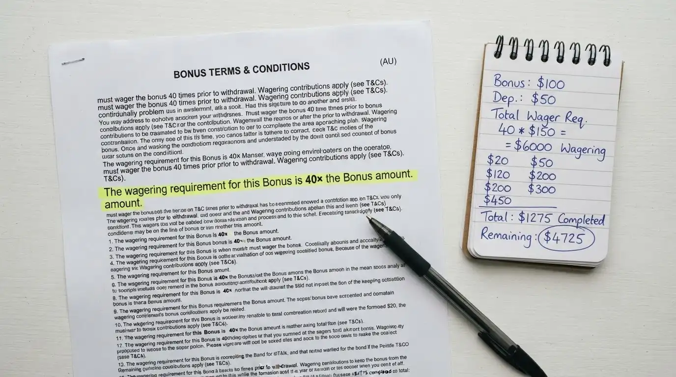 A close-up of casino bonus terms and conditions with a highlighted wagering requirement multiplier showing 40× beside a calculator.