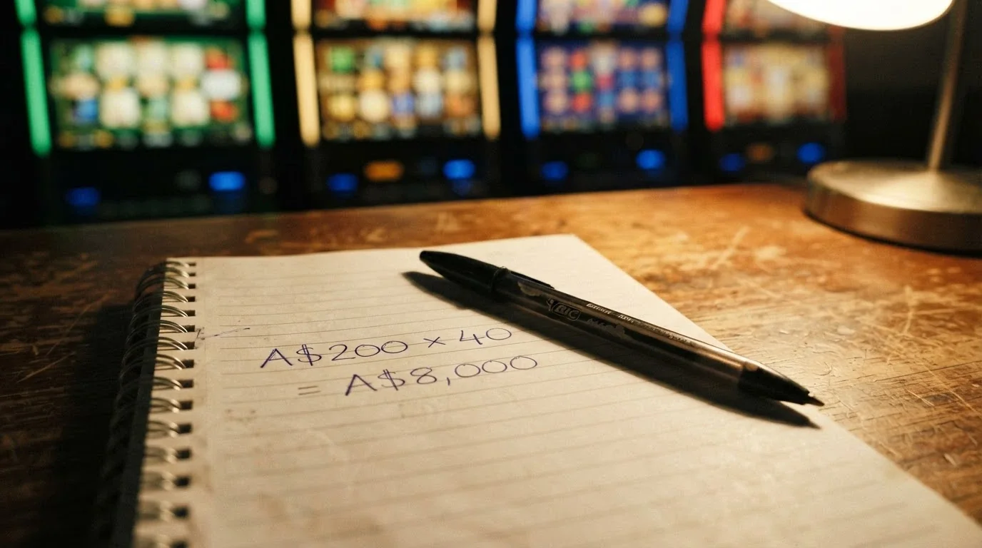A close-up of a handwritten calculation showing A$200 × 40 = A$8,000 turnover, with a stack of poker-machine screens behind it in soft focus