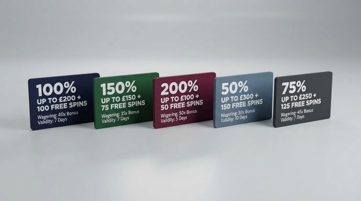 A side-by-side grid of casino welcome bonus banners showing different percentage matches, free-spin counts and wagering figures
