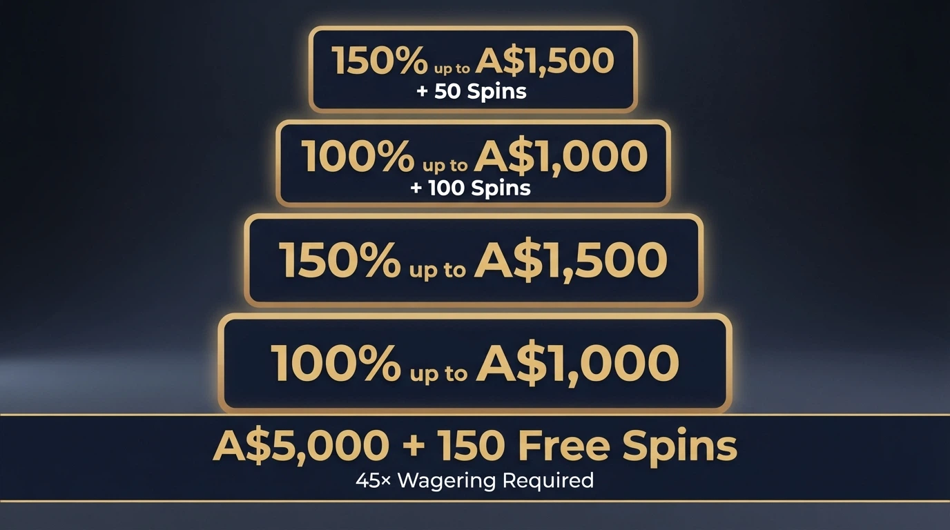 Four stacked deposit-offer cards showing ascending match percentages and free-spin counts, with a total figure of A$5,000 + 150 free spins highlighted