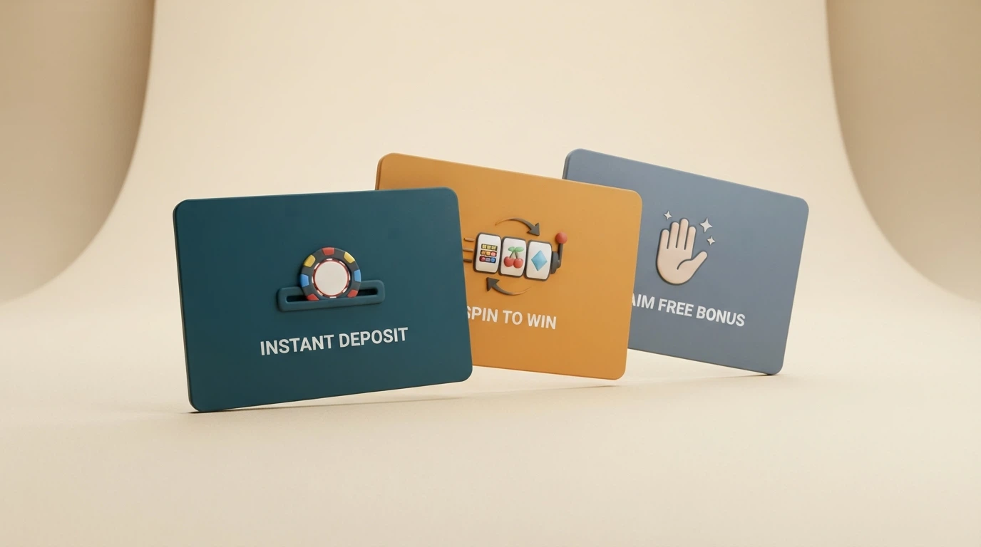 Three stacked cards labelled Deposit Match, Free Spins and No-Deposit, each showing a different activation condition beneath the label